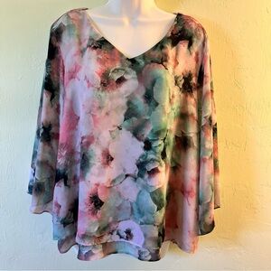 Women’s Floral Watercolor V-Neck Blouse in Pink & Green